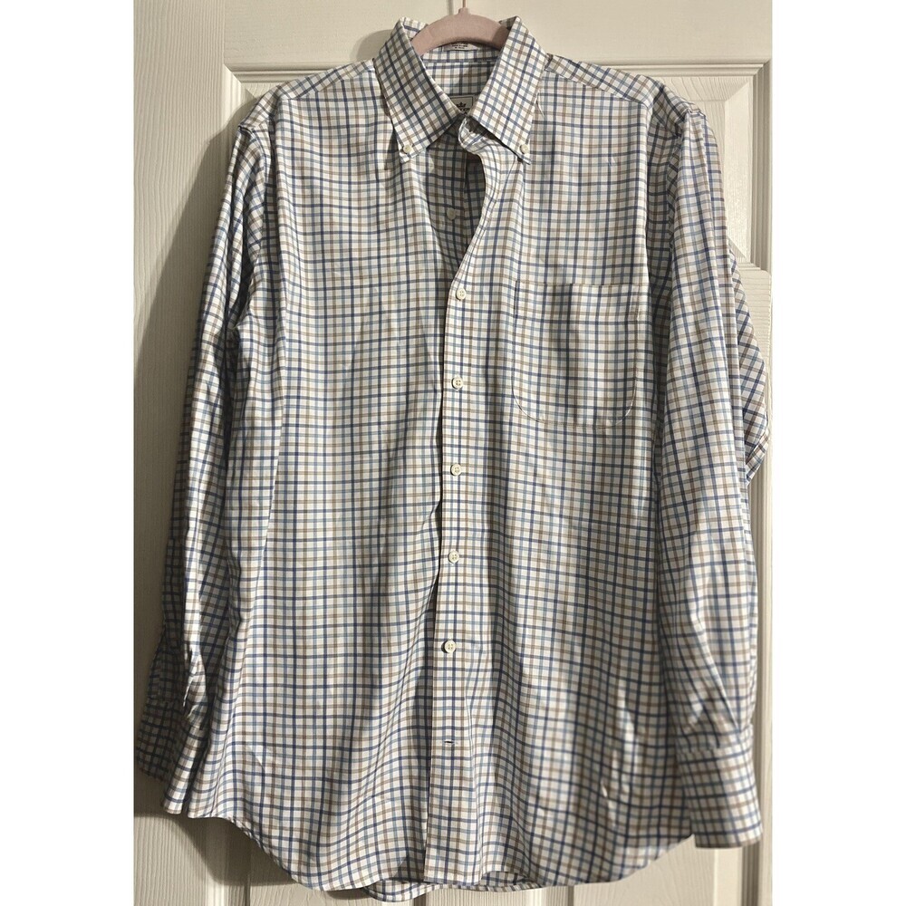 Lands End Plaid Button Up Shirt Mens Large Long Sleeve White w Blue Tan